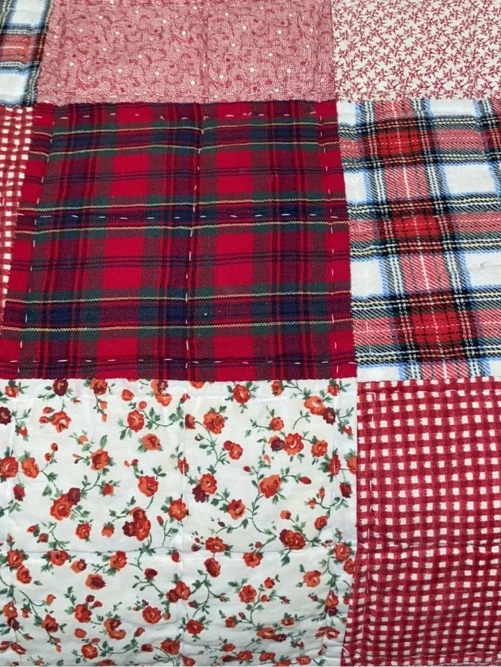 Vintage Patchwork Scalloped Quilt & 2 Shams Checks & Plaids 94 x 98